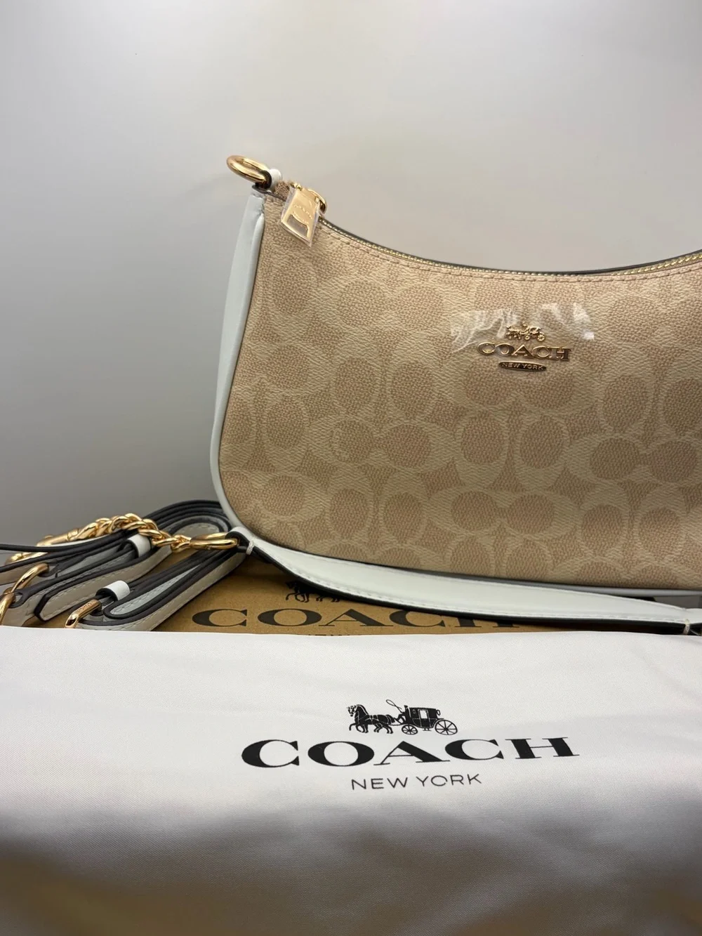 Coach Beige Signature Canvas Shoulder Bag with White Trim